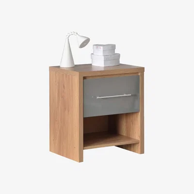 Furniture123 Seconique Seville 1 Drawer Bedside Table in Light Oak/Grey High Gloss
