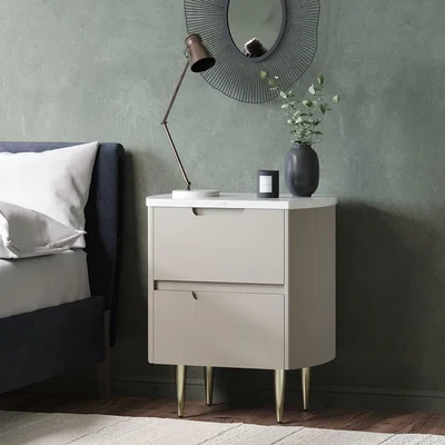 Furniture123 Taupe 2 Drawer Bedside Table with Marble Top - Lorenzo