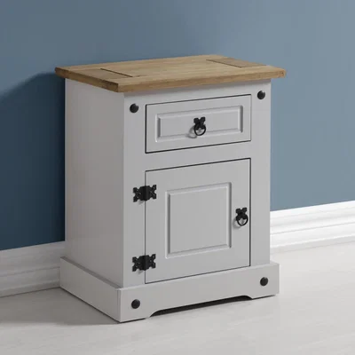 Furniture123 Corona 1 Drawer 1 Door Bedside Table in Grey/Distressed Waxed Pine