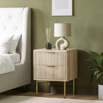 Furniture123 Oak and Gold Ribbed 2 Drawer Bedside Table with Legs - Valencia