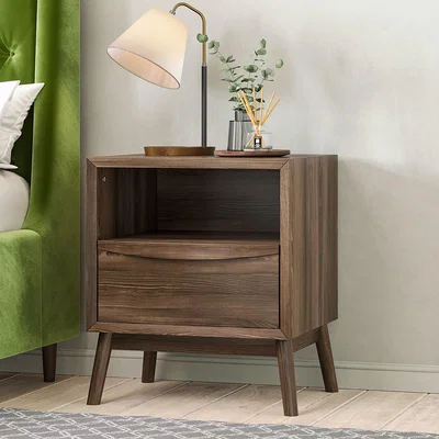 Furniture123 Walnut Mid-Century Bedside Table with Drawer - Frances