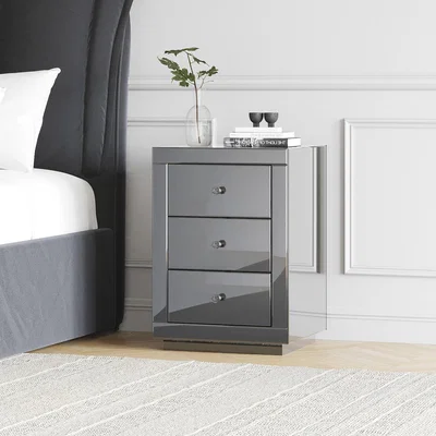 Furniture123 Eva Grey Mirrored 3 Drawer Bedside Table with Crystal Effect Handles