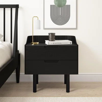 Furniture123 Black Mid-Century Modern 2 Drawer Bedside Table - Saskia