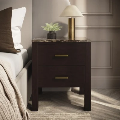 Furniture123 Dark Wood 2 Drawer Bedside Table with Marble Top - Alessio