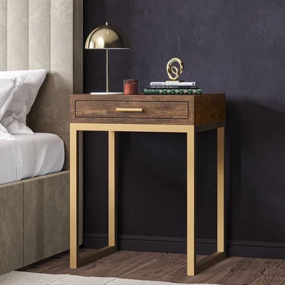 Furniture123 Aubrey Walnut 1 Drawer Bedside Table with Gold Trim Legs