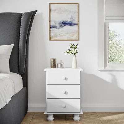 Furniture123 White Pine Bedside Table with 3 Drawers - Hamilton