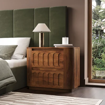 Furniture123 Wide Dark Wood Curved 2 Drawer Bedside Table - Fully Assembled - Meena
