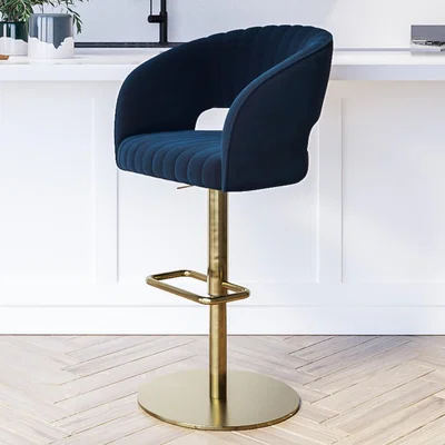Furniture123 Curved Navy Velvet Adjustable Bar Stool with Back - Runa