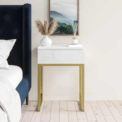 Furniture123 White Gloss Bedside Table with Storage Drawer - Alina