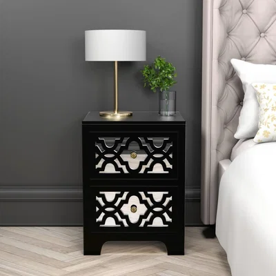 Furniture123 Black Solid Wood 2 Drawer Bedside Table with Carved Detail - Alexis