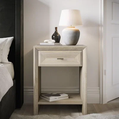 Furniture123 Modern Wide Tall White Wash Oak Bedside Table with Drawer - Jax