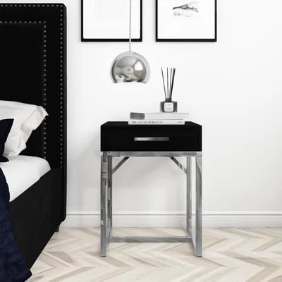 Furniture123 Modern Black Bedside Table with Chrome Legs  - Kaia