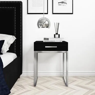 Furniture123 Black Solid Wood Bedside Table with Storage Drawer - Anaya