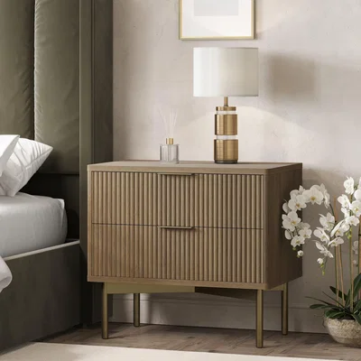 Furniture123 Wide Dark Wood and Gold Ribbed 2 Drawer Bedside Table - Valencia