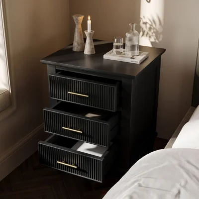 Furniture123 Black Ribbed 3 Drawer Bedside Table - Farah