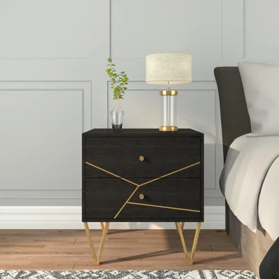 Furniture123 Mika 2 Drawer Dark Brown Bedside Table with Brass Inlay