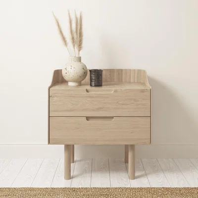 Furniture123 Mid-Century Modern Bedside Table with 2 Drawers in Light Wood - Saskia