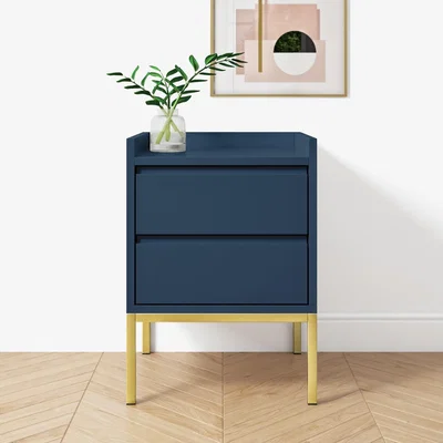 Furniture123 Navy Bedside Table with 2 Drawers and Gold Legs - Zion