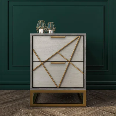 Furniture123 Zhara 2 Drawer Bedside Table in Grey with Gold Painted Wooden Trim