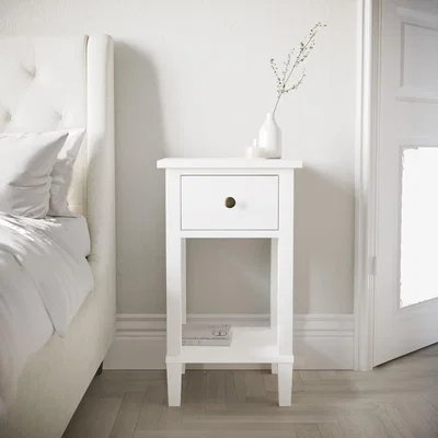 Furniture123 Tall White Wooden Bedside Table with Drawer and Shelf - Marlowe