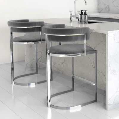 Furniture123 Set of 2 Grey Velvet Kitchen Stools - 66cm - Alana Boutique