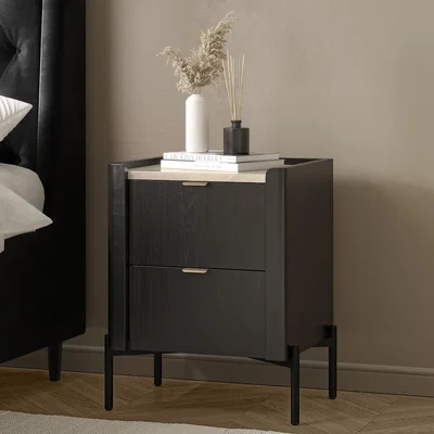 Furniture123 Wide Black Marble Top 2-Drawer Bedside Table - Gio