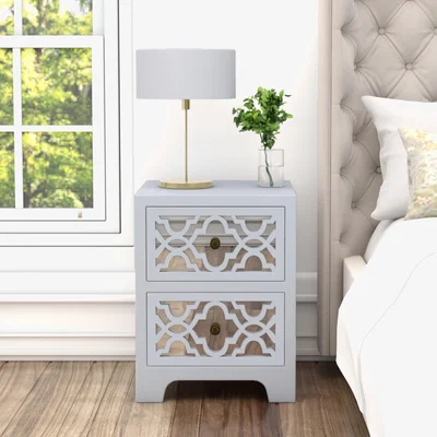 Furniture123 Alexis Mirrored 2 Drawer Bedside Table in Pale Grey with Carved Detail
