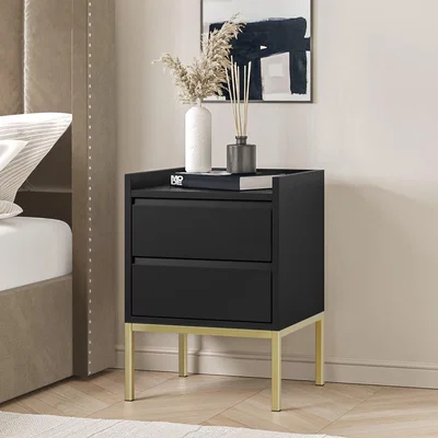 Furniture123 Black Bedside Table with 2 Drawers and Gold Legs - Zion