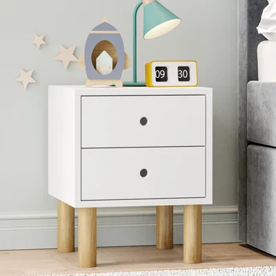 Furniture123 Kids White Scandi 2 Drawer Bedside Table with Wooden Legs - Juni