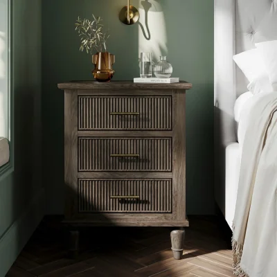 Furniture123 Dark Wood Ribbed 3 Drawer Bedside Table - Farah