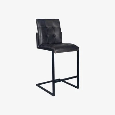 Furniture123 Grey Leather & Iron Buttoned Bar Stool with Back - Arlo