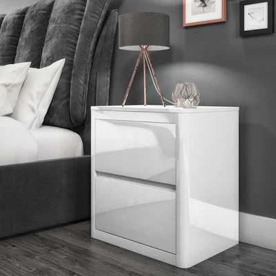 Furniture123 White High Gloss Bedside Table with 2 Drawers and Curved Edges - Lexi
