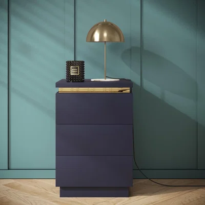 Furniture123 Navy Bedside Table with 3 Drawers and a Gold Trim - Isabella