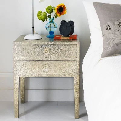 Graham & Green Embossed White Metal Bedside Table
