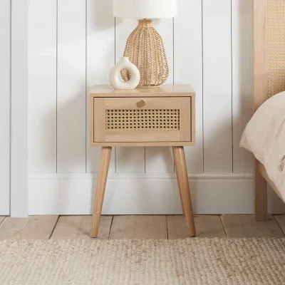 Happy Beds Croxley - 1 Drawer Bedside Table - Oak - Rattan - Wooden - Happy Beds
