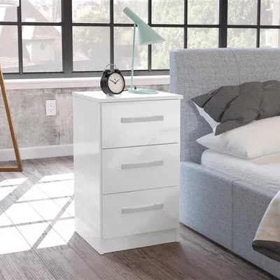 Happy Beds Lynx - Gloss 3 Drawer Bedside Table - White - Wooden - Happy Beds