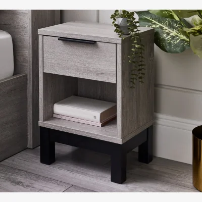 Happy Beds Bali – 1-Drawer Bedside Table – Grey Oak – Wooden - Happy Beds