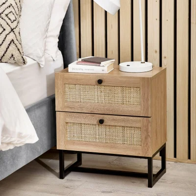 Happy Beds Padstow - 2 Drawer Bedside Table - Oak - Wooden/Rattan - Happy Beds