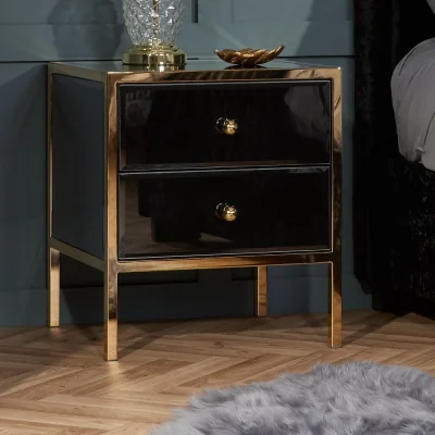Happy Beds Fenwick - 2 Drawer Bedside Table - Black/Gold - Glass/Metal - Happy Beds
