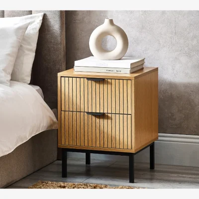 Happy Beds Sia – 2-Drawer Bedside Table – Oak/Black – Wood/Metal - Happy Beds