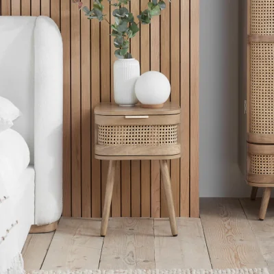 Happy Beds Noah - 1 Drawer Bedside Table - Oak - Rattan - Wooden