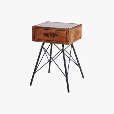 Maisons du Monde Black Metal and Brown Leather 1-Drawer Bedside Table Sullivan