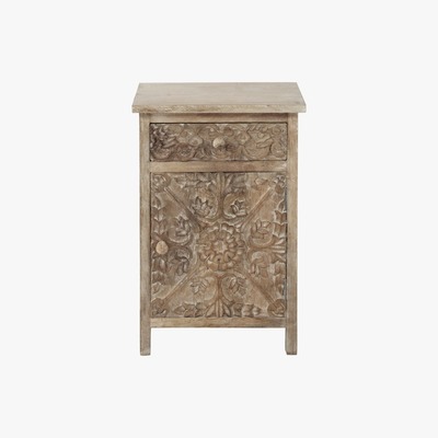 Maisons du Monde Carved solid mango wood bedside table with drawer in whitewash Himalaya