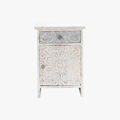 Maisons du Monde Carved solid mango wood Indian bedside table in white W 42cm Namaste