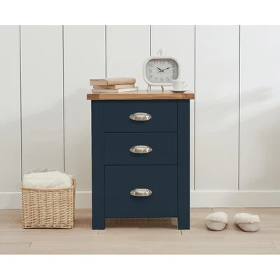 Oak&More Somerset Oak and Blue Tall 3 Drawer Bedside Table