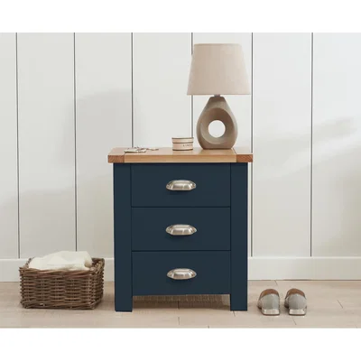 Oak&More Somerset Oak and Blue 3 Drawer Bedside Table