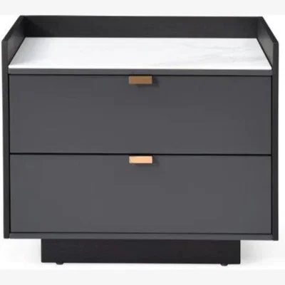 Olivia's Tommy Franks Saviour Bedside Table in White Marble & Anthracite Grey Wash Oak