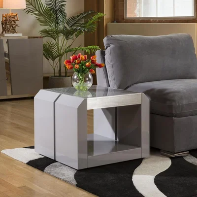 Quatropi Modern End / Side / Lamp Table, Square, Grey Gloss / Glass Top 1B New