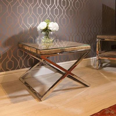 Quatropi Square End Side Lamp Table Solid Reclaimed Hardwood 60x60cm Glass Top