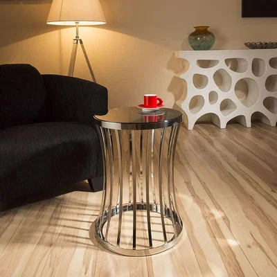 Quatropi Modern Round Side Lamp Accent Table Stainless Steel Smoked Glass Top